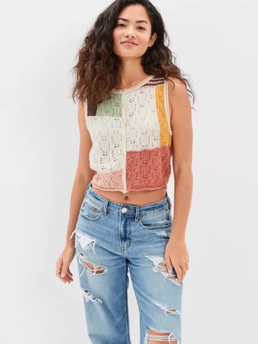 American Eagle Outfitters Cream Multi-Color Knit Cropped Shell
